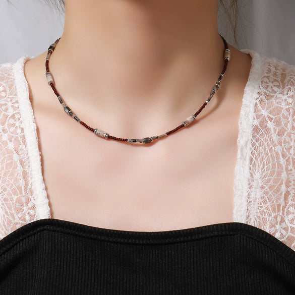 Handmade Beaded Necklace With Rice Beads And Natural Stone Geometric Style Allmatch For Women