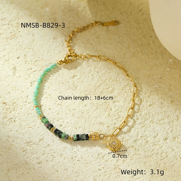 Handmade Beaded Stainless Steel Square Geometric Zircon Adjustable Women's Bracelet Electroplated