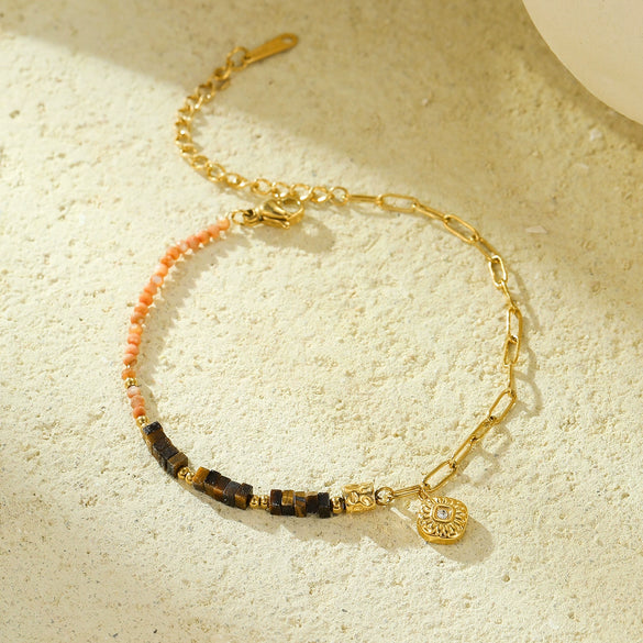 Handmade Beaded Stainless Steel Square Geometric Zircon Adjustable Women's Bracelet Electroplated