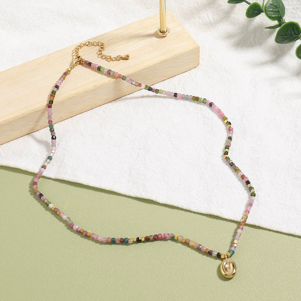 Handmade Beaded Tourmaline Natural Stone Necklace With Stainless Steel And Titanium Steel Pendant Geometric Design For Women