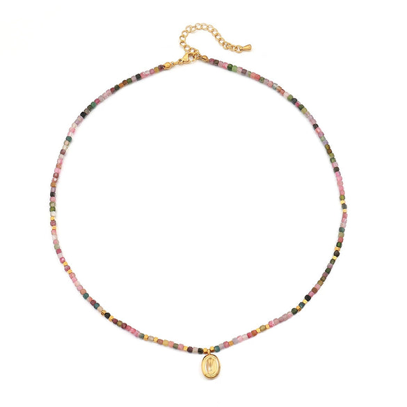 Handmade Beaded Tourmaline Natural Stone Necklace With Stainless Steel And Titanium Steel Pendant Geometric Design For Women