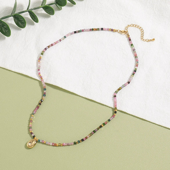 Handmade Beaded Tourmaline Natural Stone Necklace With Stainless Steel And Titanium Steel Pendant Geometric Design For Women