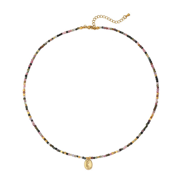 Handmade Beaded Tourmaline Natural Stone Necklace With Stainless Steel And Titanium Steel Pendant Geometric Design For Women