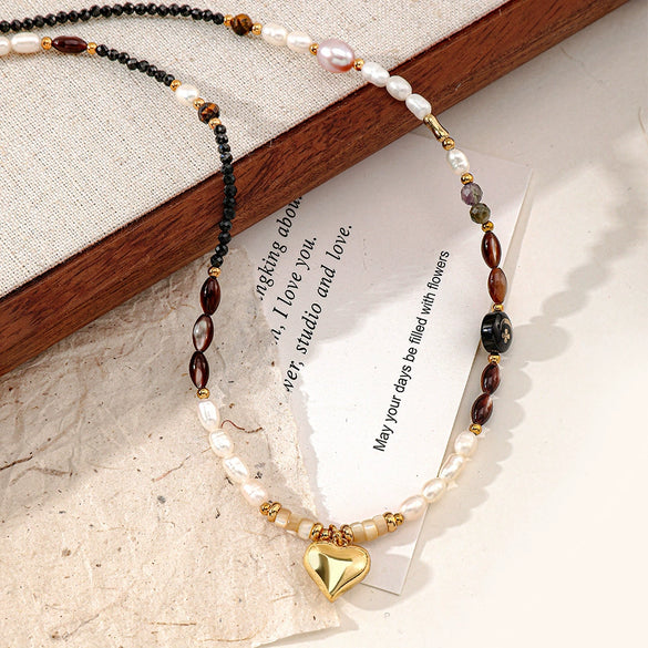 Handmade Black Spinel And Freshwater Pearl Geometric Pendant Necklace For Women
