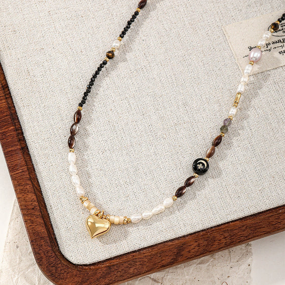 Handmade Black Spinel And Freshwater Pearl Geometric Pendant Necklace For Women