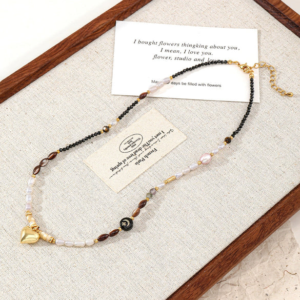 Handmade Black Spinel And Freshwater Pearl Geometric Pendant Necklace For Women