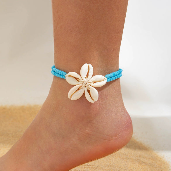 Handmade Bohemian Beach Rice Beads And Shell Woven Geometric Anklet For Women