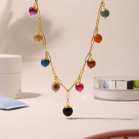 Handmade Bohemian Necklace With Colorful Natural Stone And Stainless Steel Pendant Geometric Pattern Electroplating Treatment