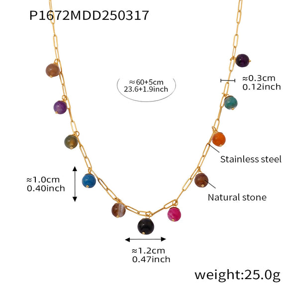Handmade Bohemian Necklace With Colorful Natural Stone And Stainless Steel Pendant Geometric Pattern Electroplating Treatment