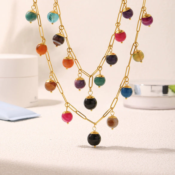 Handmade Bohemian Necklace With Colorful Natural Stone And Stainless Steel Pendant Geometric Pattern Electroplating Treatment