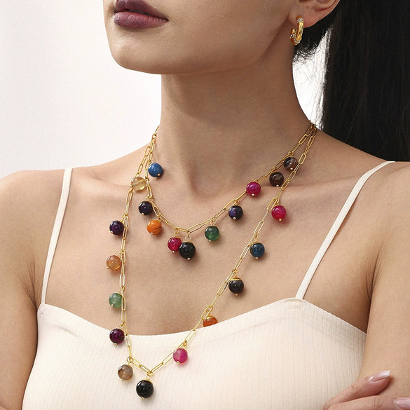 Handmade Bohemian Necklace With Colorful Natural Stone And Stainless Steel Pendant Geometric Pattern Electroplating Treatment