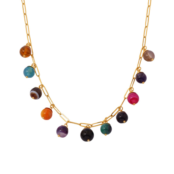 Handmade Bohemian Necklace With Colorful Natural Stone And Stainless Steel Pendant Geometric Pattern Electroplating Treatment