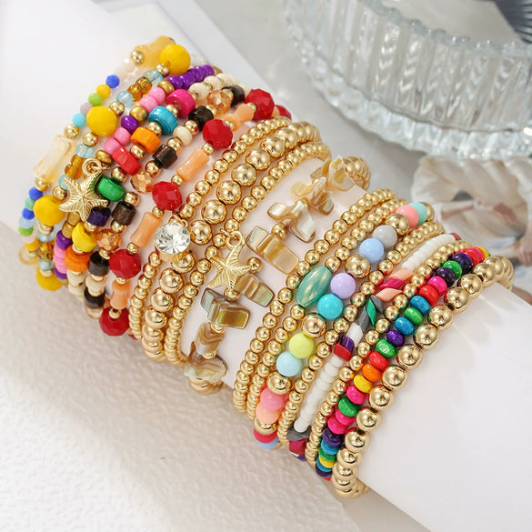 Handmade Bohemian Style Colorful Wooden And Glass Bead Bracelet Set With Geometric Pattern For Unisex