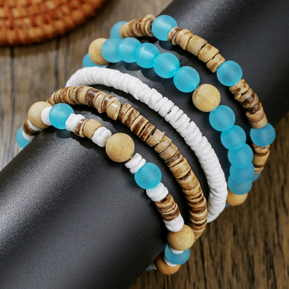 Handmade Bohemian Style Multilayer Stacked Bracelet With Wooden Beads And Crushed Shells For Unisex