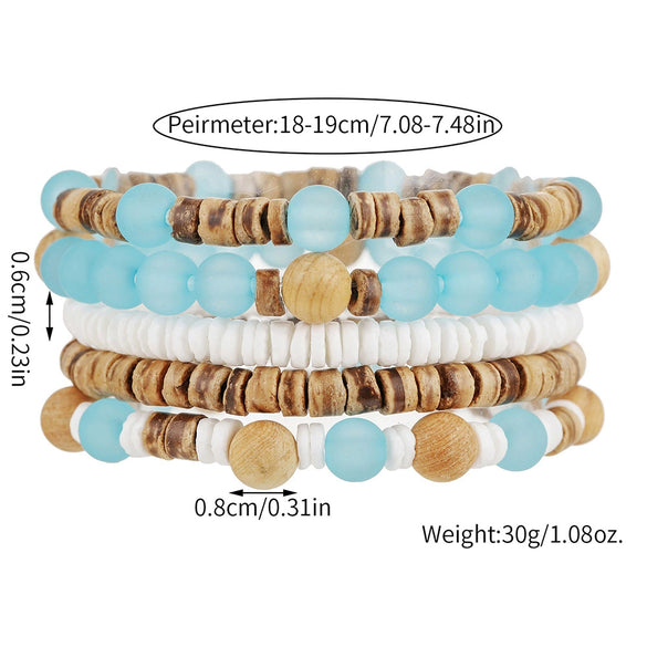 Handmade Bohemian Style Multilayer Stacked Bracelet With Wooden Beads And Crushed Shells For Unisex