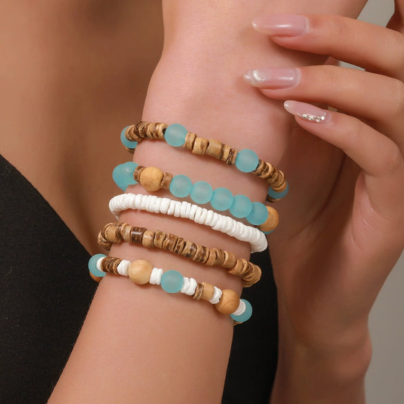 Handmade Bohemian Style Multilayer Stacked Bracelet With Wooden Beads And Crushed Shells For Unisex