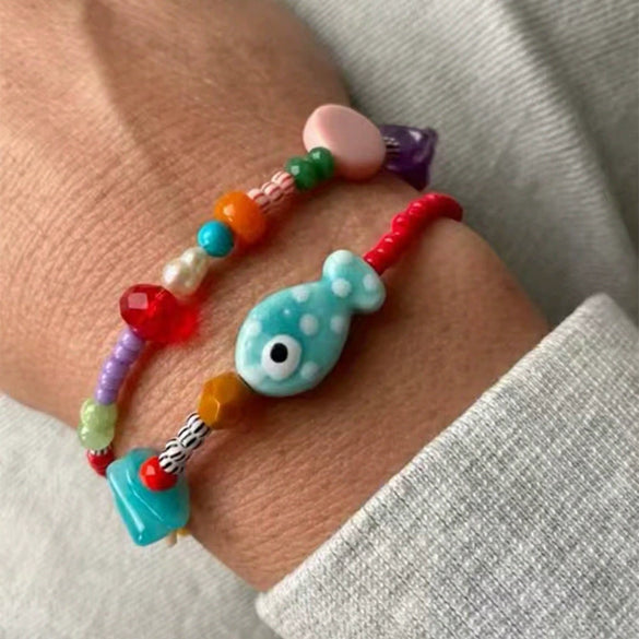 Handmade Ceramic Imitation Pearl Glass Geometric Beaded Bracelet For Men