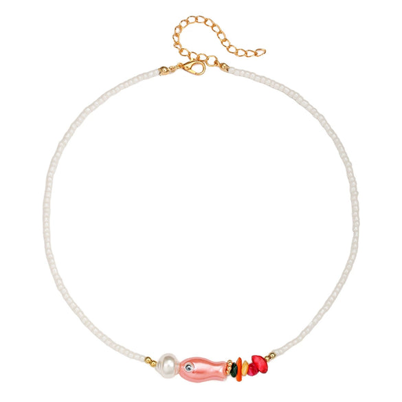 Handmade Ceramic Rice Beads Stone Alloy Acrylic Geometric Fish Bead O Word Chain Clavicle Necklace For Unisex