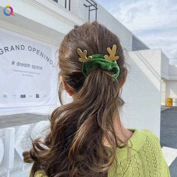 Handmade Christmas Deer Velvet Hair Scrunchie High Elastic Fabric Hair Tie For Festive Hairstyles