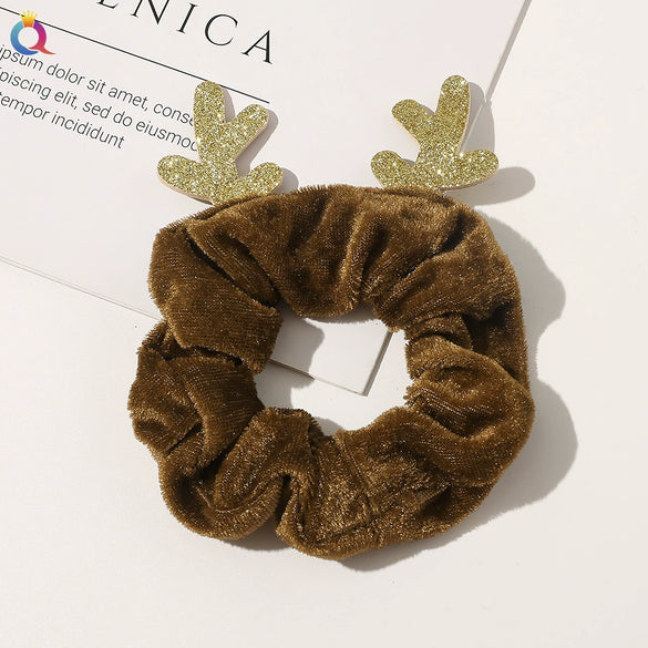 Handmade Christmas Deer Velvet Hair Scrunchie High Elastic Fabric Hair Tie For Festive Hairstyles