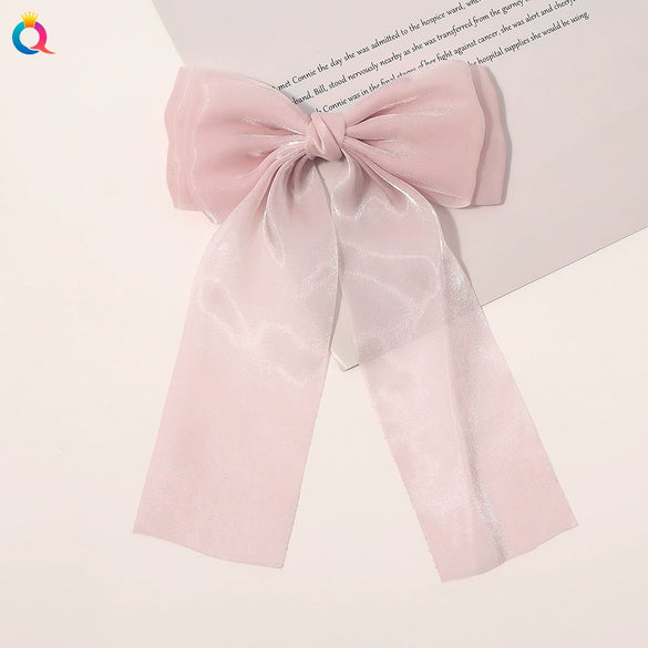 Handmade Cloth Bow Hair Clip With Long Ribbon Detail Duckbill Side Clip Hair Accessory For Women