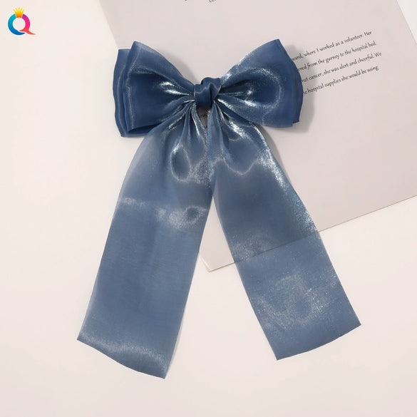 Handmade Cloth Bow Hair Clip With Long Ribbon Detail Duckbill Side Clip Hair Accessory For Women