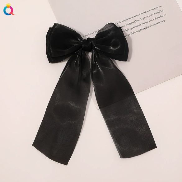 Handmade Cloth Bow Hair Clip With Long Ribbon Detail Duckbill Side Clip Hair Accessory For Women