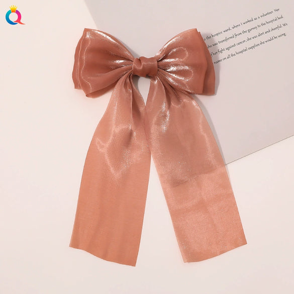 Handmade Cloth Bow Hair Clip With Long Ribbon Detail Duckbill Side Clip Hair Accessory For Women