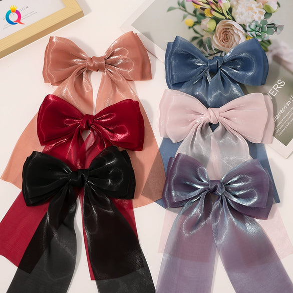 Handmade Cloth Bow Hair Clip With Long Ribbon Detail Duckbill Side Clip Hair Accessory For Women