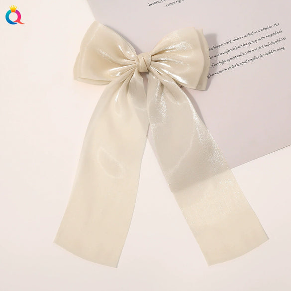 Handmade Cloth Bow Hair Clip With Long Ribbon Detail Duckbill Side Clip Hair Accessory For Women