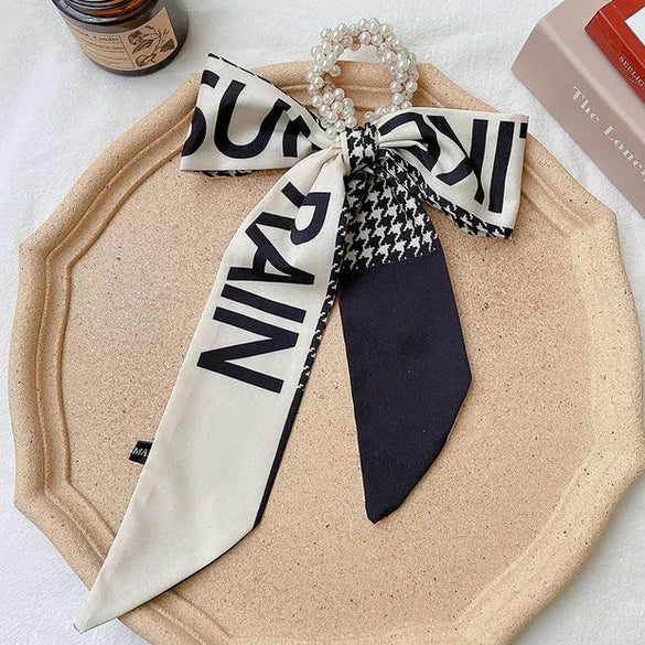 Handmade Cloth Bow Ribbon Pearl Hair Tie Hair Band Scarf Style Head Accessory For Women