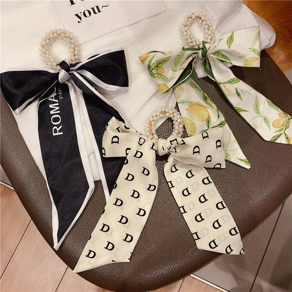 Handmade Cloth Bow Ribbon Pearl Hair Tie Hair Band Scarf Style Head Accessory For Women