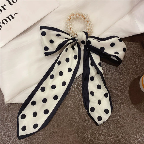 Handmade Cloth Bow Ribbon Pearl Hair Tie Hair Band Scarf Style Head Accessory For Women