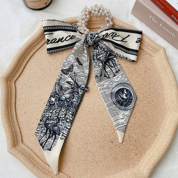 Handmade Cloth Bow Ribbon Pearl Hair Tie Hair Band Scarf Style Head Accessory For Women