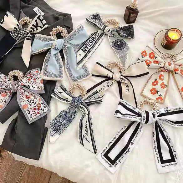 Handmade Cloth Bow Ribbon Pearl Hair Tie Hair Band Scarf Style Head Accessory For Women