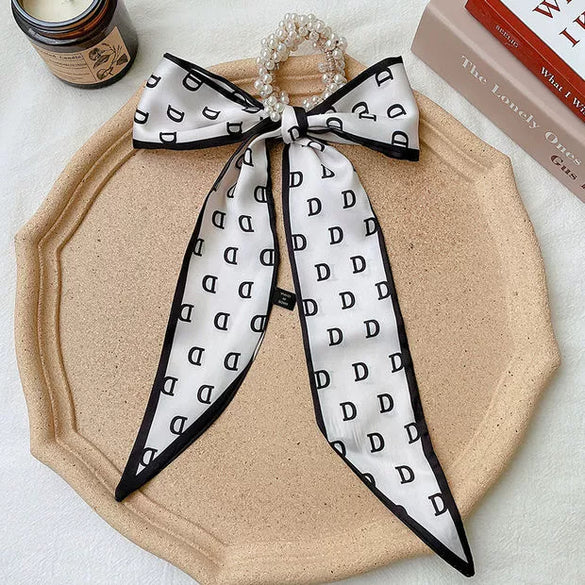 Handmade Cloth Bow Ribbon Pearl Hair Tie Hair Band Scarf Style Head Accessory For Women