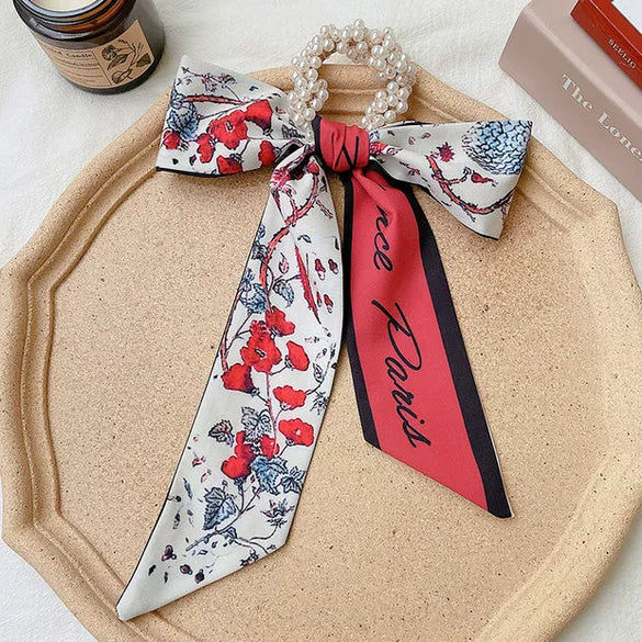 Handmade Cloth Bow Ribbon Pearl Hair Tie Hair Band Scarf Style Head Accessory For Women