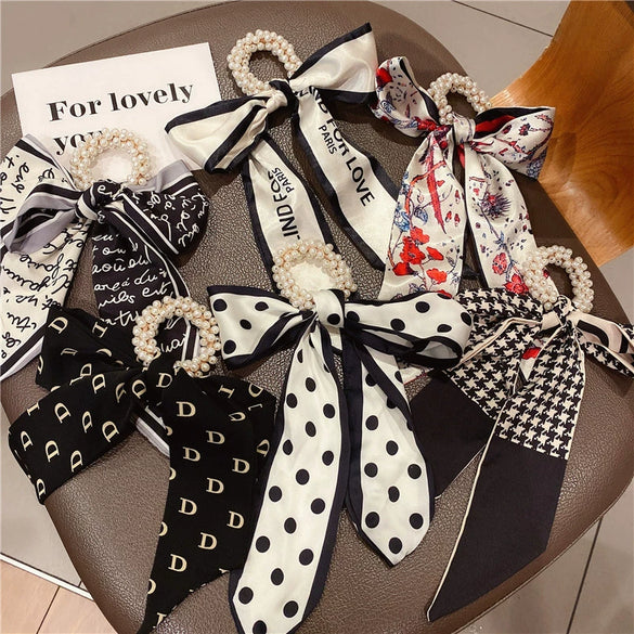Handmade Cloth Bow Ribbon Pearl Hair Tie Hair Band Scarf Style Head Accessory For Women