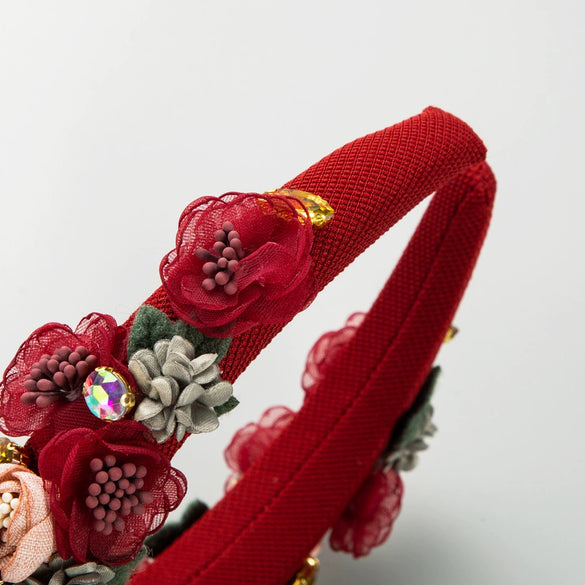 Handmade Cloth Flower Rhinestone Headband For Women In Baroque Fashion Style