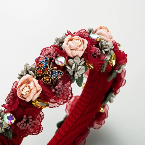 Handmade Cloth Flower Rhinestone Headband For Women In Baroque Fashion Style