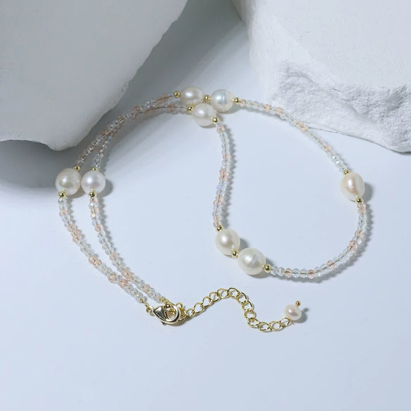 Handmade Colorful Natural Stone And Freshwater Pearl Clavicle Chain Necklace With Mixed Gemstone Setting
