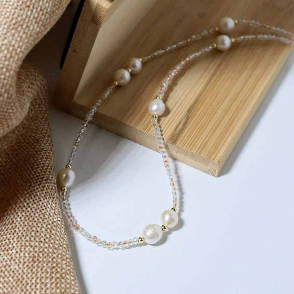 Handmade Colorful Natural Stone And Freshwater Pearl Clavicle Chain Necklace With Mixed Gemstone Setting