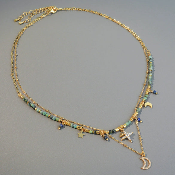 Handmade Copper Alloy Bohemian Geometric Beaded Necklace With Moon Pendant