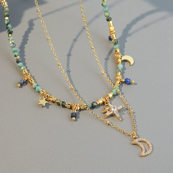 Handmade Copper Alloy Bohemian Geometric Beaded Necklace With Moon Pendant