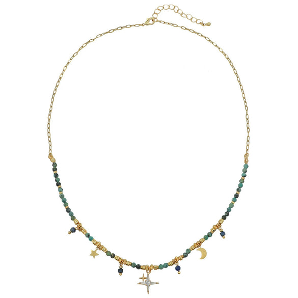 Handmade Copper Alloy Bohemian Geometric Beaded Necklace With Moon Pendant