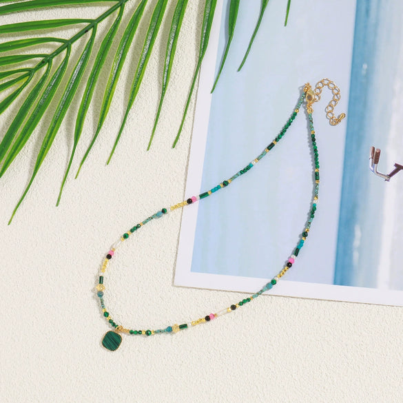 Handmade Copper Geometric Clavicle Chain With Natural Turquoise And Freshwater Pearl Necklace Jewelry For Women