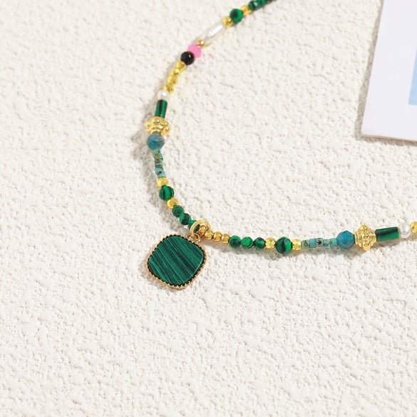 Handmade Copper Geometric Clavicle Chain With Natural Turquoise And Freshwater Pearl Necklace Jewelry For Women