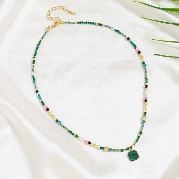 Handmade Copper Geometric Clavicle Chain With Natural Turquoise And Freshwater Pearl Necklace Jewelry For Women