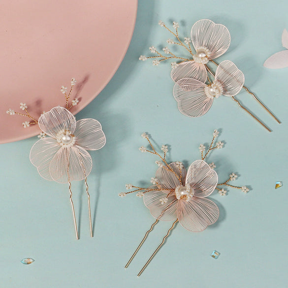 Handmade Copper Pearl Floral Headband Retro Gold Petal Hair Accessory For Women Bridal Wedding Xiuhe Dress Headwear