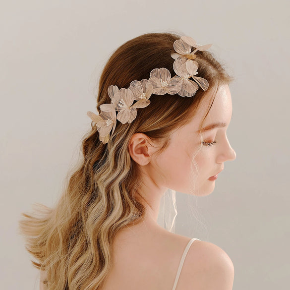 Handmade Copper Pearl Floral Headband Retro Gold Petal Hair Accessory For Women Bridal Wedding Xiuhe Dress Headwear